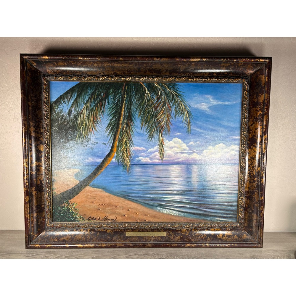 Debra K Harris Original Oil Painting Tropical Beach Psalm 23:2 Ornate 28x22
